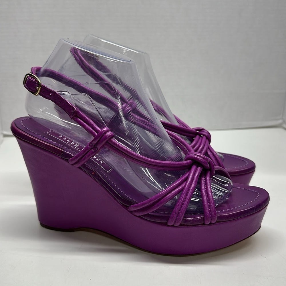 Ralph Lauren Collection Italy Amberley High Heel Platform Wedge Leather Purple 9 - Picture 2 of 9